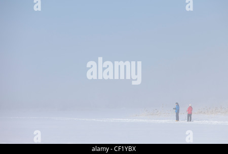 Älteres Ehepaar Langlaufen auf Meereis im nebligen Tag, Finnland Stockfoto