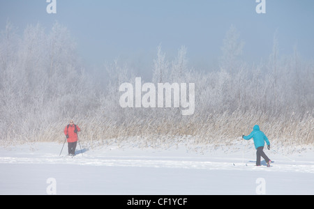 Ältere Frau ruht auf Langlauf-Ski Reise, Finnland Stockfoto