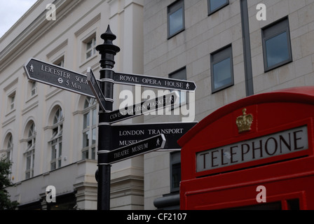 Ein Wegweiser in der Nähe von Covent Garden Markt neben einer traditionellen Telefonzelle. Stockfoto