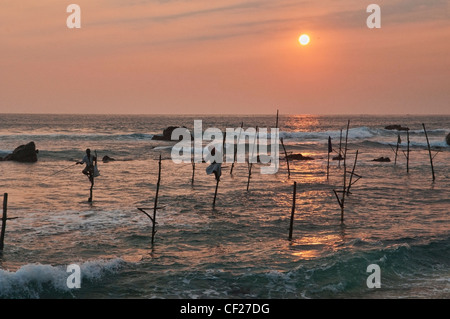 die Stelzenfischer Süden Sri Lankas thront auf ihren Stangen über dem indischen Ozean Stockfoto
