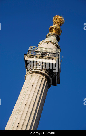 Die Spitze des Denkmals in der City of London. Das Denkmal wurde von Sir Christopher Wren und Dr. Robert Hooke und Complet entworfen. Stockfoto