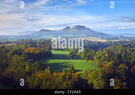 Die Eildon Hills, im Herbst von den berühmten Aussichtspunkt von Scotts View in der Nähe von Newton St Boswells betrachtet. Stockfoto