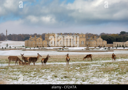 Holkham Hall und Immobilien nach einem Schneefall mit Reh im Vordergrund. Stockfoto