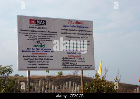 Ein Zeichen beschreiben eine nicht detonierte Bodenfreiheit-Programm ist auf dem Display auf Ebene der Gläser archäologische Stätte in Phonsavan, Laos. Stockfoto