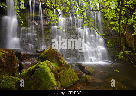 Hebden Beck kaskadenförmig über Felsen am Scala fällt. Stockfoto