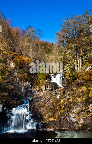 Die Eas Chia-Aig Wasserfall läuft durch eine ruhige Fläche des heimischen Waldes. Stockfoto