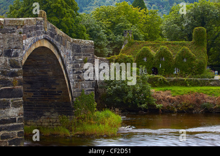 Pont Fawr, ein 17. Jahrhundert Steinbrücke über den Fluss Conwy in Richtung einer Efeu bedeckt Fi von Inigo Jones, entworfen worden, sagte Stockfoto