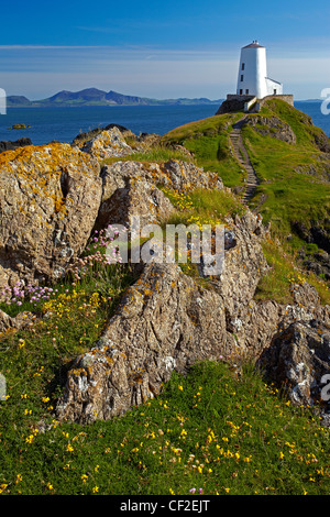 TWR Mawr Licht am südlichen Eingang der Menaistraße innerhalb von Llanddwyn Island National Nature Reserve mit Llyn penins Stockfoto