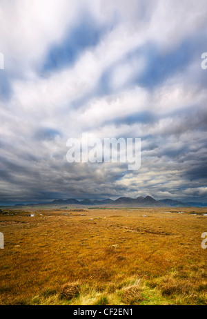 Blick auf die Bergkette der Twelve Bens von Arkeen mehr, Connemara, Co. Galway, Irland Stockfoto