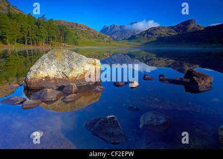 Blick über Blea Tarn mit Blick auf die Langdale Pikes. Stockfoto