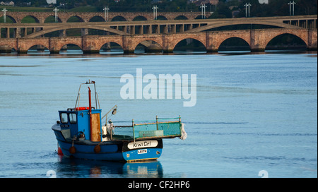 Angelboot/Fischerboot vor Anker auf der Mündung des Flusses Tweed, mit Royal Border Bridge und die Royal Tweed-Brücke in der Ferne. Stockfoto