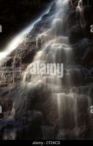 Hareshaw Linn ist ein spektakulärer Wasserfall befindet sich in einer steilen einseitige Schlucht, die durch ein bewaldetes Tal fließen weiterhin. Haresh Stockfoto
