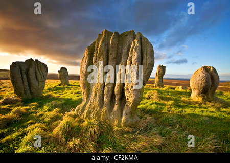 Duddo vier Steinen (obwohl eigentlich gibt es fünf), einem prähistorischen Stein Kreis auf einem Hügel in Northumberland. Der Kreis ist t Stockfoto