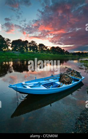 Ein Lachs Fischerboot bei Canny Fischerei in Norham. Diese traditionelle Boote oder Cobles werden verwendet, um Lachse zu fangen, in den Fluss Tweed Stockfoto