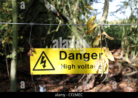 High Voltage Warnschild in hellem Sonnenlicht mit Blättern über es drapiert Stockfoto