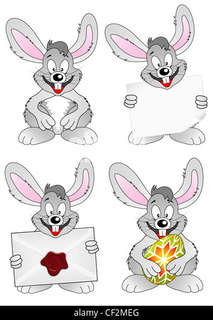 Osterhase mit Ei, Umschlag, leeres Blatt Papier, isoliert auf weißem Hintergrund gesetzt Vektor Stockfoto