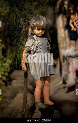 Eine Puppe hängt an einem Baum auf der Insel der Puppen in Xochimilco, südlichen Mexiko-Stadt, 18. September 2011. Stockfoto