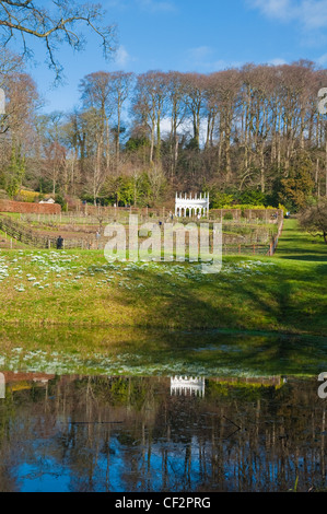 Painswick Rokoko-Garten an einem sonnigen widerspiegelt Wintertag mit der Exedra Garten Funktion und Banken von Schneeglöckchen im See. VEREINIGTES KÖNIGREICH. Stockfoto