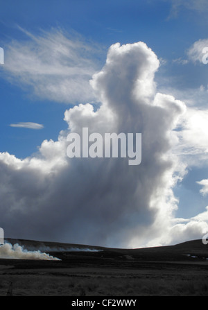 Gewitterwolken über brennen steigt in Cabrach Heidekraut. Stockfoto