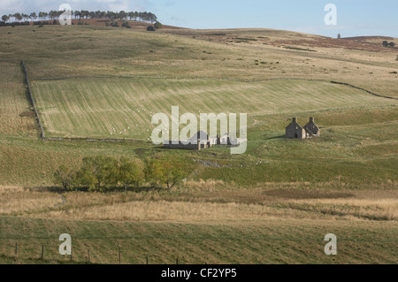 Die Ruinen von landwirtschaftlichen Gebäuden auf einem Croft in Glen Deskry. Stockfoto