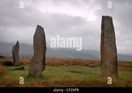 Stehenden Steinen aus der Zeit um 1800-1600 v. Chr. im Machrie Moor auf der Isle of Arran. Stockfoto