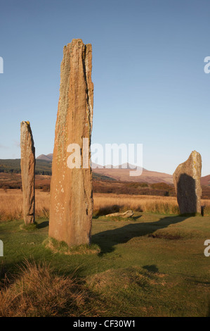 Stehenden Steinen aus der Zeit um 1800-1600 v. Chr. im Machrie Moor auf der Isle of Arran. Stockfoto