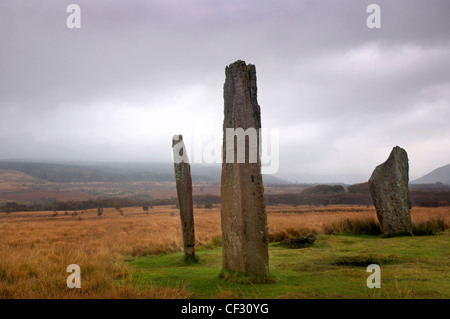 Stehenden Steinen aus der Zeit um 1800-1600 v. Chr. im Machrie Moor auf der Isle of Arran. Stockfoto