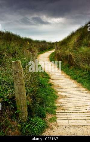 Ein Holzsteg durch Sanddünen bedeckt mit Dünengebieten Grass in Cornwall. Stockfoto