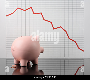 Unglückliche Sparschweine beobachten den wirtschaftlichen Niedergang Chart Stockfoto