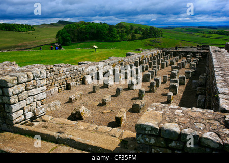 Die Reste der Getreidespeicher am römischen Kastells Housesteads, die vollständigste römisches Kastell in Großbritannien am Hadrianswall. Stockfoto