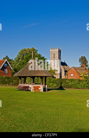 Das attraktive Dorf und Grün der Woodbastwick in Norfolk, umgeben von vielen reetgedeckten Häusern und den reetgedeckten Kirche St F Stockfoto