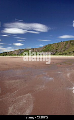 Ein Blick über den weißen Sand des St Cyrus Strand und Klippen in Aberdeenshire. Stockfoto