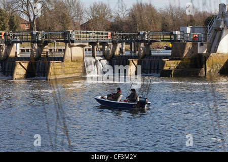 Zwei Fischer im Boot auf der Themse in der Nähe von Teddington Lock. Kormoran sitting on Top of Sperre. Stockfoto