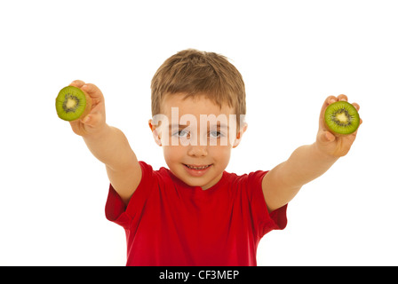 Kleiner Junge mit Kiwi isoliert auf weißem Hintergrund Stockfoto