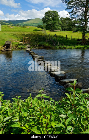 Trittsteine über den Fluß Rothay in der Nähe von Ambleside. Stockfoto