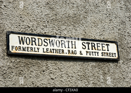 Wordsworth Straßenschild in das Dorf Hawkshead. Stockfoto