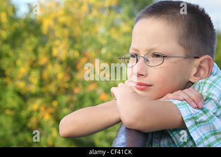 Little Boy ist schlanke Ellenbogen auf Brücke Zaun und ich freue mich Stockfoto