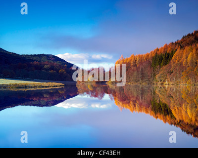 Bäume und umliegenden Hügel spiegelt sich in den stillen Wassern des Loch Tummel an einem Wintermorgen. Stockfoto