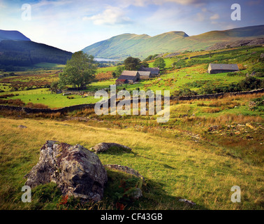 Blick nach Westen über Ackerland an den unteren Hängen des Gebirges Snowdonia. Stockfoto