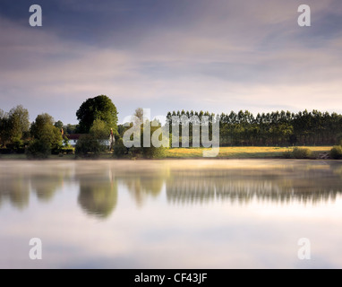 Dawn Nebel schwebt Bewl Wasser, das größte Binnengewässer in den Südosten von England. Stockfoto