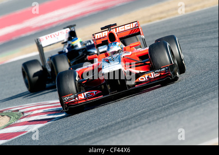 Charles Pic (FRA), Marussia F1 Team-Cosworth, Rennwagen während der Formel-1-Tests Sitzungen in der Nähe von Barcelona im Februar 2012. Stockfoto