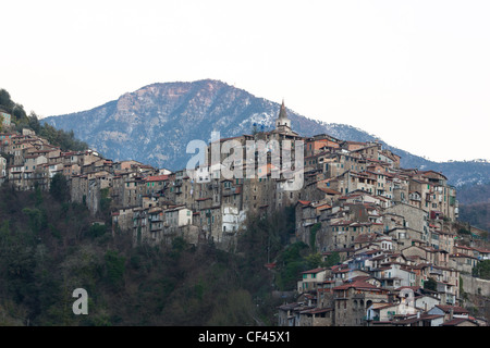 Mittelalterliches Dorf auf einem schmalen Felsvorsprung in den südlichen Alpen. Apricale, Provinz Imperia, Ligurien, Italien. Stockfoto