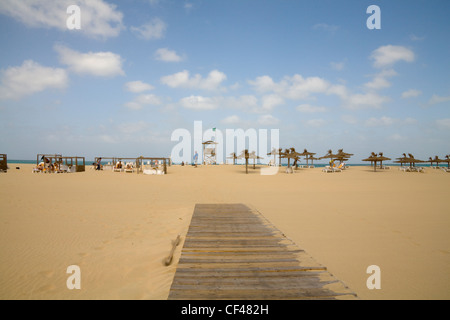 Rabil Boa Vista Kapverden Februar Urlauber Sonnenbaden am Strand von Areja de Chaves grüne Flagge fliegen - sicher zu gehen, im Meer Stockfoto