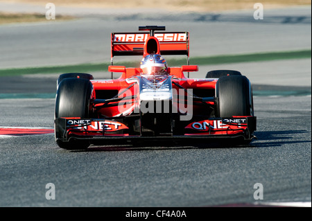 Charles Pic (FRA), Marussia F1 Team-Cosworth, Rennwagen während der Formel-1-Tests Sitzungen in der Nähe von Barcelona im Februar 2012. Stockfoto