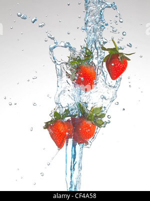 vier Erdbeeren werden mit Wasser bespritzt Stockfoto