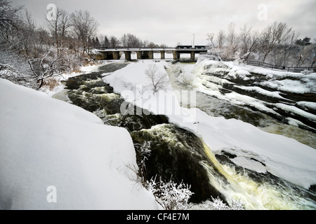 Hog Rücken fällt befindet sich auf dem Rideau River im Hog Rücken Park in Ottawa, Ontario Kanada im Winter zugefroren. Stockfoto