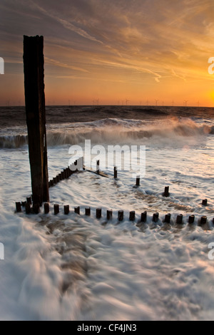 Meer-Verteidigung mit dem Windpark Scroby Sands am Horizont. Stockfoto