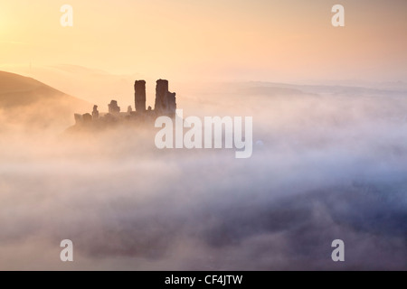 Corfe Castle, aus dem 11. Jahrhundert, eingehüllt in Nebel bei Sonnenaufgang. Stockfoto