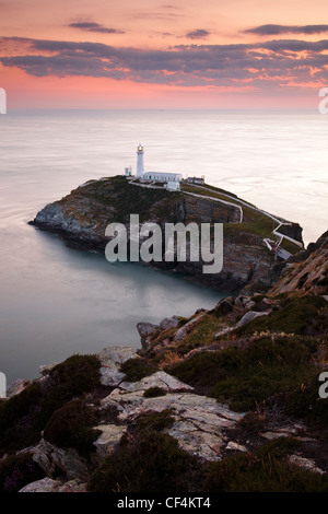 South Stack Lighthouse, einen spektakulären Leuchtturm direkt an der Holy Island auf der Nord West Küste von Anglesey bei Sonnenuntergang. Stockfoto