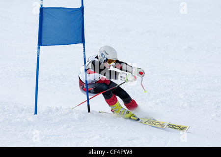 Children's Ski Rennen an der Nevis Range Fort William schottischen Highlands Schottland Großbritannien in perfektem sonnigen Bedingungen gehalten Stockfoto